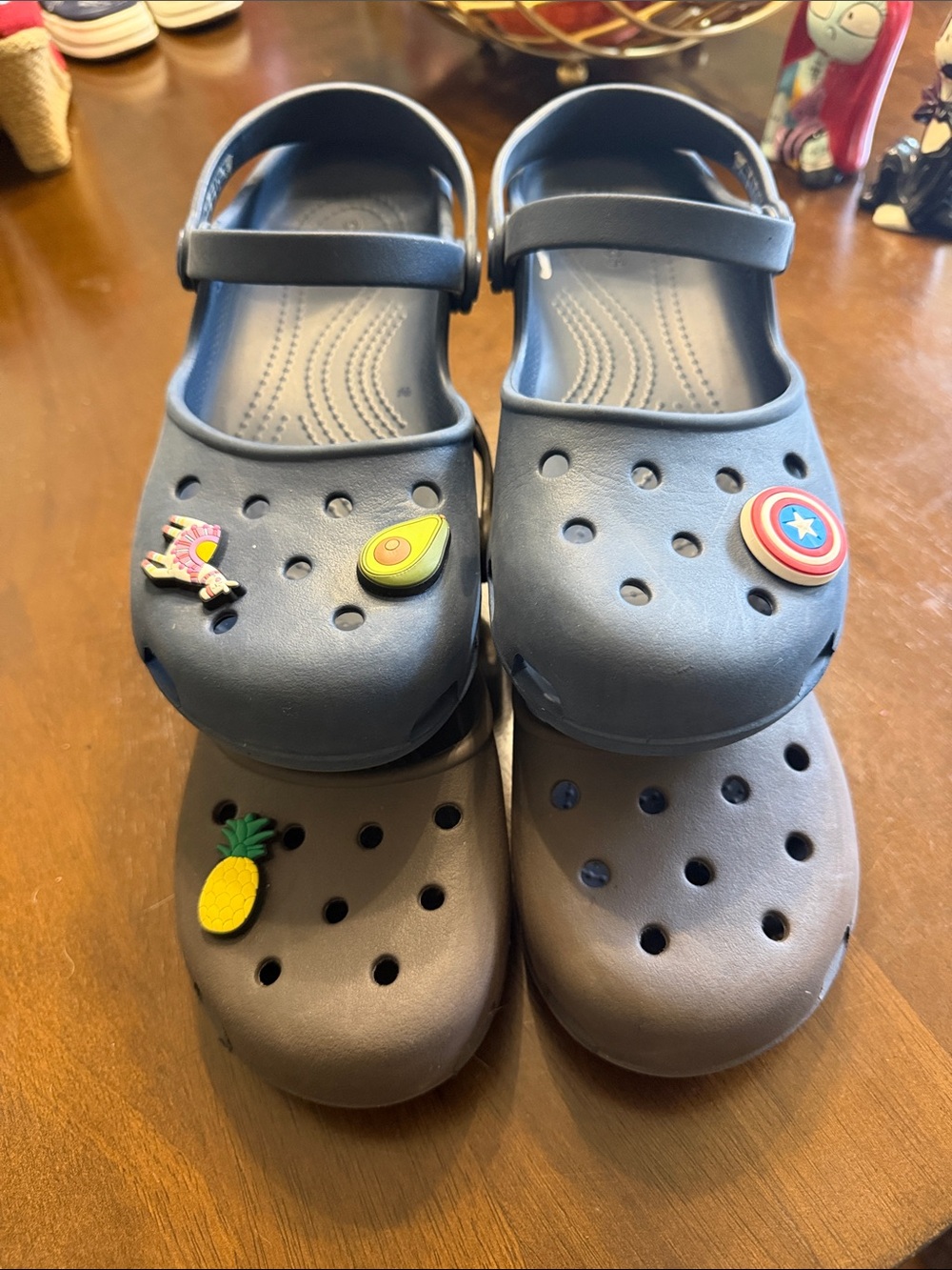 CROCS blue and brown Mary Jane Sandals with Charms, women’s size 7.